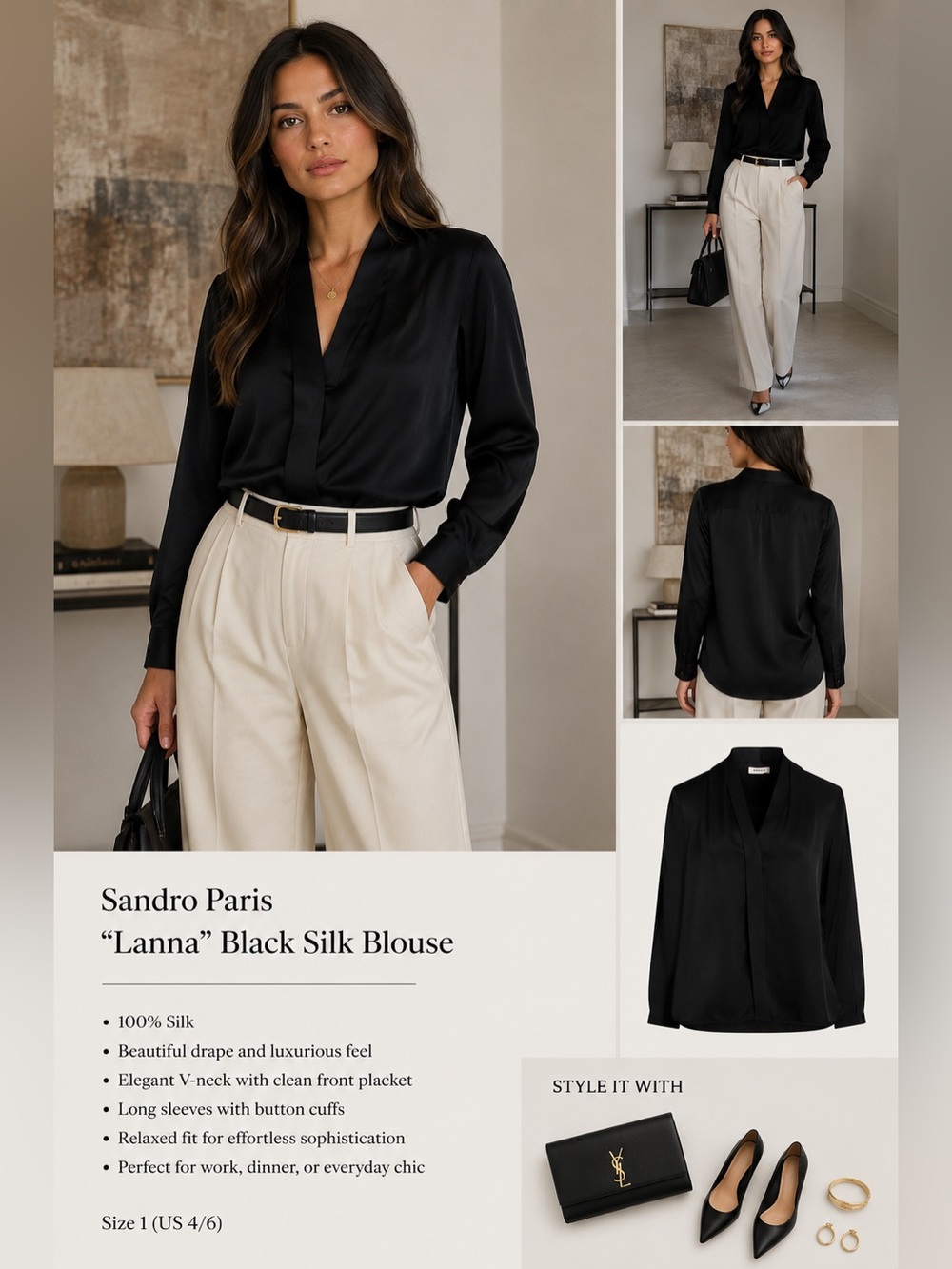 Sandro Paris “Lanna” Black Silk V-Neck Blouse Size 1 (US 4/6) - NWOT